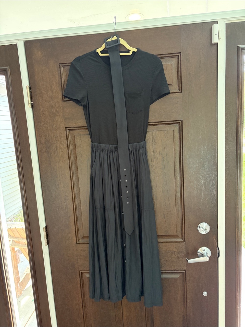 Ramy Brook Black Short-Sleeve Midi Dress with Waist Tie